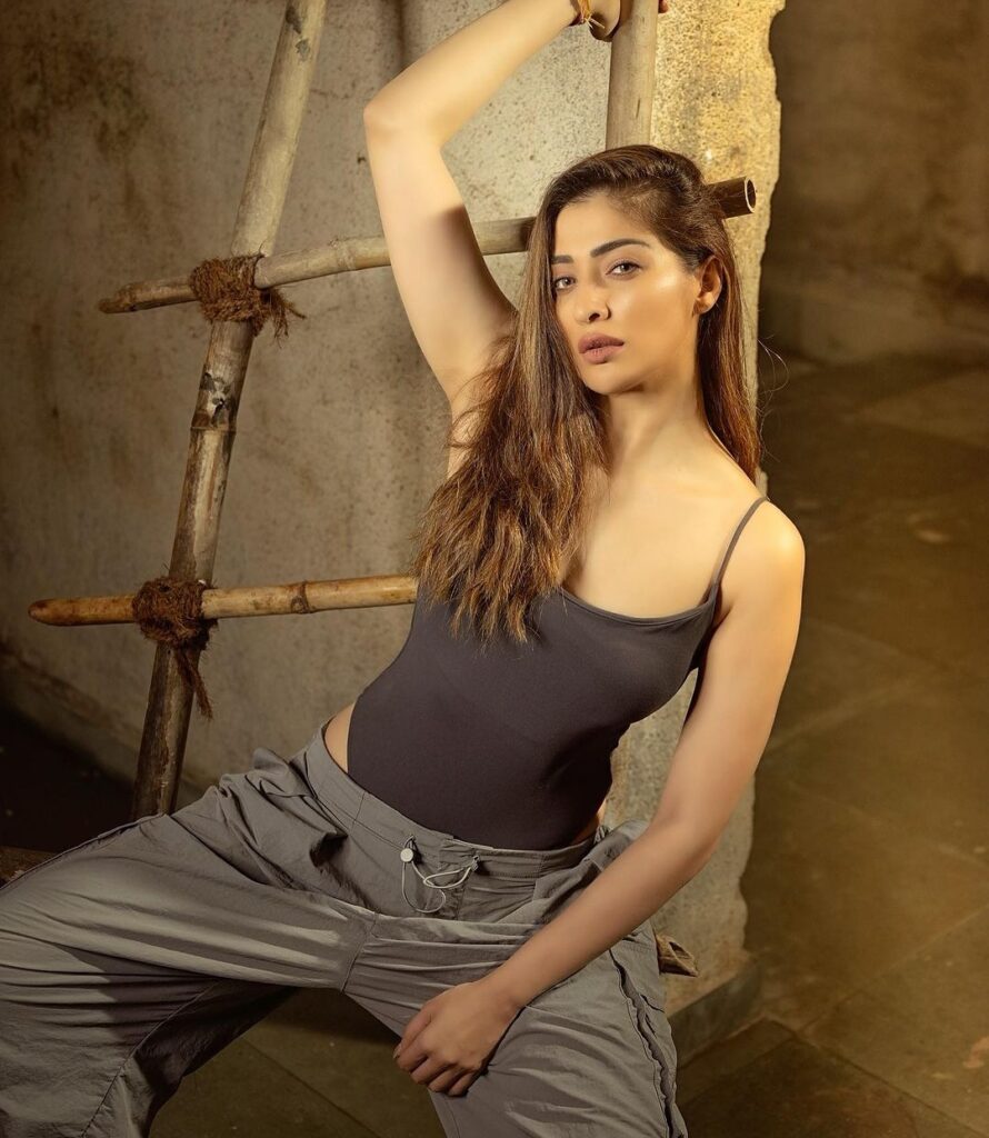 Raai Laxmi posing next to a ladder